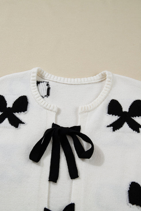 Ribbon Tie Front Bow Jacquard Knit Cardigan